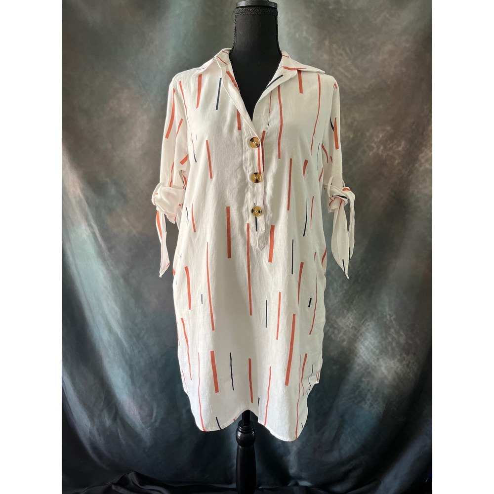 Lush White Tunic Dress with Orange and Navy Stripe Print